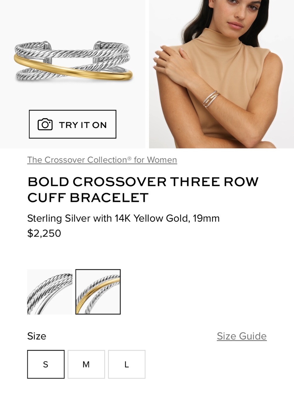 David Yurman Two-Tone Cable Crossover Cuff Bracelet - Silver & Yellow Gold